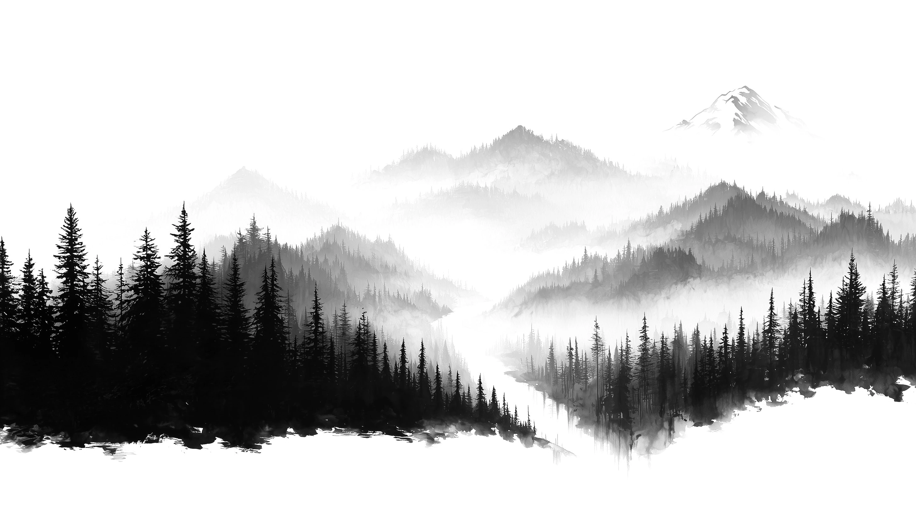 Ink painting: a taiga valley in the mist